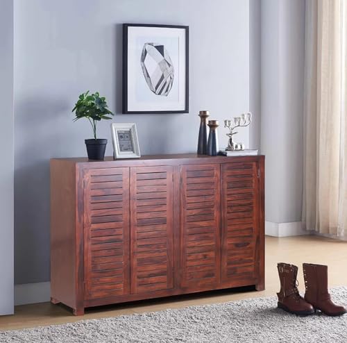 Image of Solid Sheesham Wood Shoe Rack Wooden with 4 Doors & Drawer | Multipurpose Shoe Rack Stand Storage Cabinet Organizer for Home, Office, Entryway, Hallway & Living Room, Bedroom | Walnut Finish