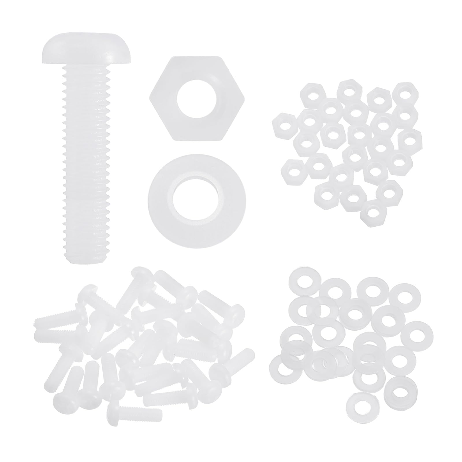 sourcing map 25 Set M5x20mm Nylon PA66 Plastic Cross Round Head Screw Phillips Bolts Hex Nuts Flat Washers Assortment Kit, Metric Full Thread Bolt Fasteners for DIY Machine Assembly, White