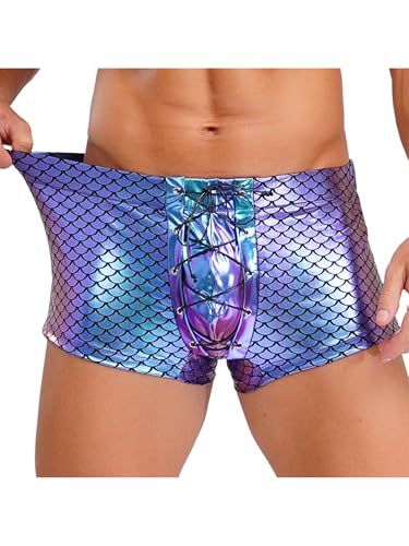 Jugaoge Men Lingerie Shiny Metallic Lace-up Front Pouch Boxer Shorts Swim Trunks Hot Pant Underpants