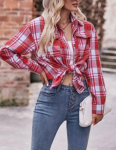 Women's Lightweight Flannel Plaid Button Down Shirts Oversized Long Sleeve Shacket Jacket Tops2