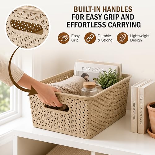 Image of JD Fresh Pack of 3 Premium Plastic Storage Basket with Lid /Smooth Handle Design&Stackable Storage Organizer /Durable Kitchen Storage Basket for Clothes, Vegetables, Fruits, Toys and Stationery(Biscuit)