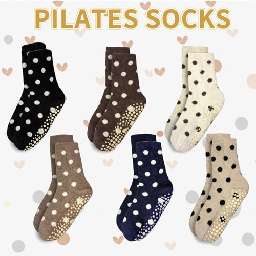 Image of Cute Polka Dot Yoga Socks for Women - 3 Pairs Non Slip Grip Pilates Barre Socks, Cozy Crew Style, US Size 5-9