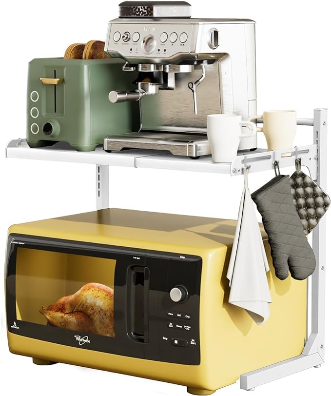 Expandable And Height Adjustable Microwave Oven Rack, Stainless Steel Heavy Duty Stand Countertop Kitchen Utensils Tableware Storage,Seasoning/Toaster/Rice Cooker Rack with 6 Hooks (White, 3 Tier)