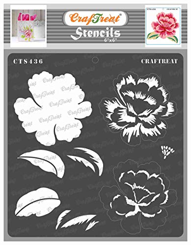 CrafTreat Layered Floral Stencils for Painting on Wood, Wall, Canvas, Paper, Fabric and Floor-Layered Peony Bloom Stencil-6x6 Inches-Plastic Leaf templates for Drawing Flowers-Large Floral Stencils