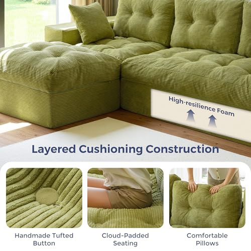 Image of MAXYOYO 96 inch L Shaped Modular Sectional Sofa with Ottoman, Cloud Boneless Couch with Layered Cushion, Upholstered Sofa in a Box, Flexible Module Combination for Living Room, No Assembly, Green