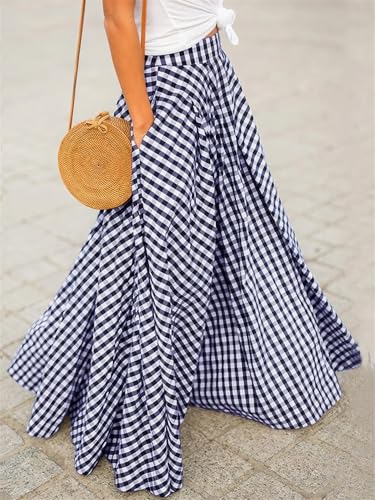Retro Plaid Long Skirts for Women, Elastic High Waist Plaid Gingham Print Ruffle Flowy a Line Skirts with Pockets2