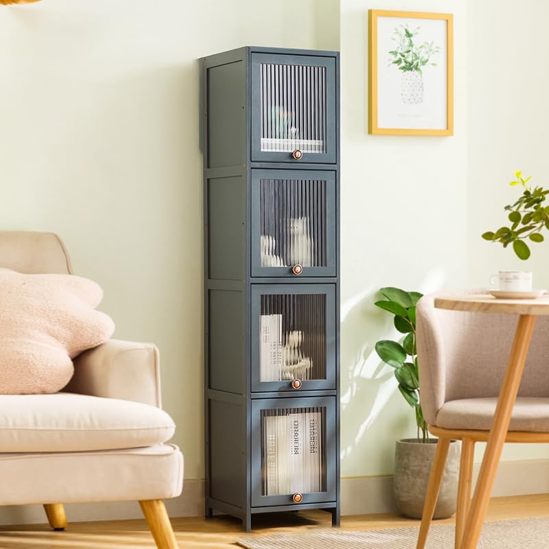 Narrow Bookcase Storage Shelf Compact Floor Bookshelf & Small Storage Cabinet for Living Room Acrylic Flip Door Lockers Gray 30x32x139cm Stylish Home Organization Solution