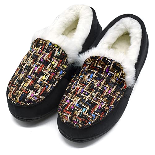 ONCAI Chaussons Femme Memory Foam Peluche Pantoufles Mocassins Chaud Hiver Tweed Maison Chaussons pour Intérieur Extérieur Caoutchouc Semelle,Noir EU 38 Cover