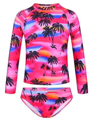 Image of TENVDA Girls Swimsuit Long Sleeve Rash Guard Sets UPF 50+ Two Piece Bathing Suits Size 3-12 Years