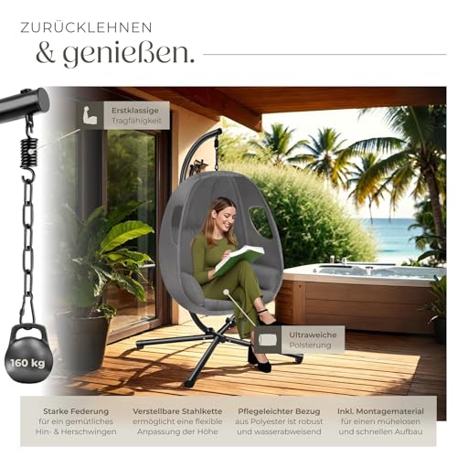tectake® Hängesessel mit Gestell, Indoor oder Outdoor, Schaukel Sessel mit Kissen + Rückenkissen, Schaukelstuhl, Hängestuhl. Möbel für Wohnzimmer, Schlafzimmer, Balkonmöbel, bis 160kg (anthrazit)