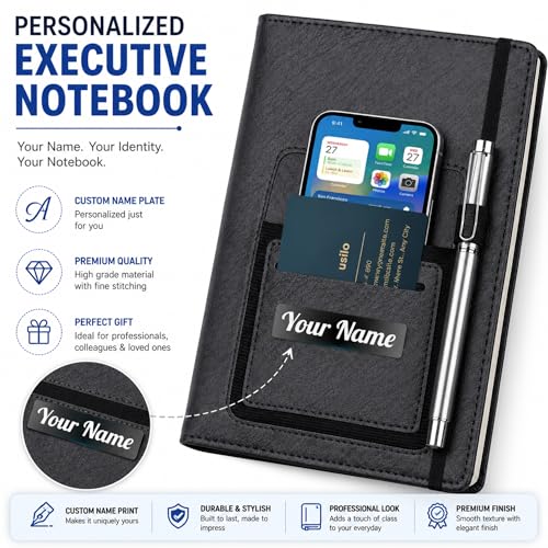 Image of Personalised Name PRINT | A5 Executive Notebook Diary with Mobile Holder, Card Slot & Pen Loop | Premium PU Leather Journal for Office, Meetings & Corporate Gifting | Office Diary & notebook