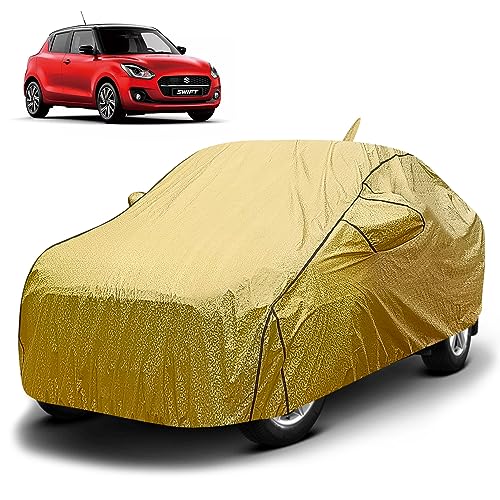 FABTEC Waterproof Car Cover for Maruti Swift (2018-23) Ultimate Protection-Mirror & Antenna, Soft Cotton Lining, Triple Stitched,Full Bottom Elastic (Metallic Golden with Black Piping)