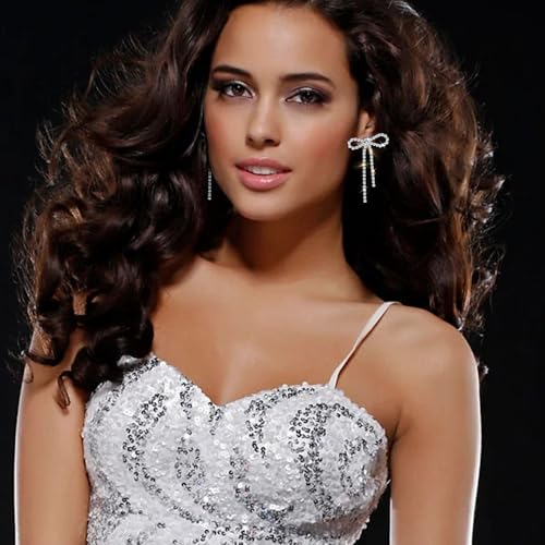 Bow Earrings for Women, Gold/Silver Drop Dangle Tassel Rhinestone Ribbon Stud Earrings as Wedding Earrings for Brides, Bow Jewelry as Wedding Prom Jewelry Statement Earrings for Women4