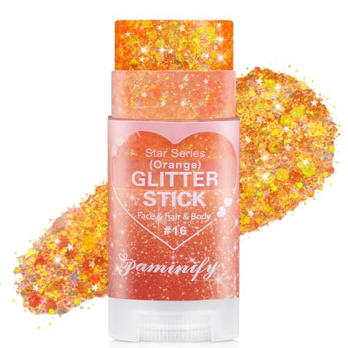 Paminify Orange Hair Glitter Stick Cheer Orange Body Face Glitter Waterproof Singer Concert Outfits for Women Mardi Gras Accessories Halloween Chunky Glitter Makeup Sequins