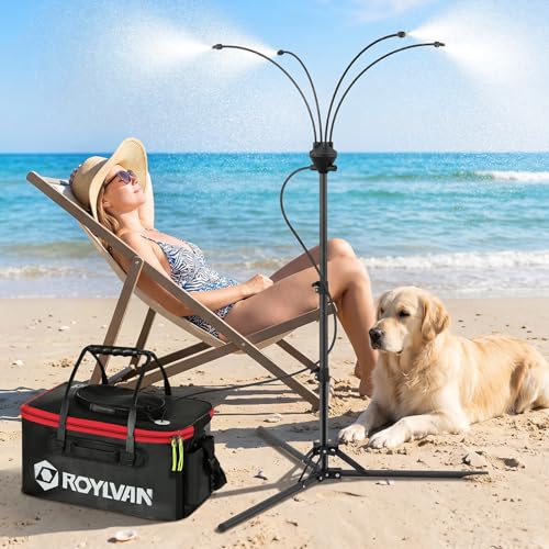 Roylvan Portable Misters for Outside Patio, Outdoor Water Cooling Misting Systems with 6000mAh Water Pump, 20L Bucket, Height Adjustable Standing Mister with 4 Nozzles for Backyard Garden Pool Patio by Roylvan - Used condition - US$52.41