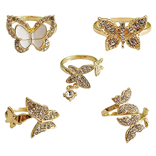 5 Pcs Butterfly Statement Rings Set for Women Girls Wedding Promise Engagement Cubic Zirconia Gold Plated Open Band Knuckle Rings Comfort Fit Fashion Christmas Birthday Jewelry Gifts
