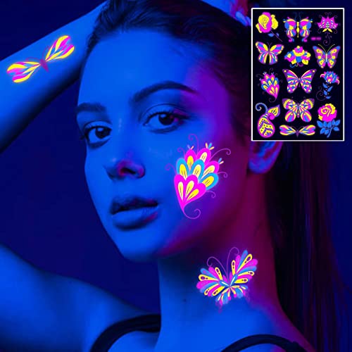 Maripabon Neon Temporary Tattoos 8 Large Sheets Butterfly Flower Swallow Glitter Tattoos Stickers 100+Mixed Style New Cute Animal Glow In The Dark Uv Neon Flash Fake Tattoos For Women Girls Body Artos For Women Girls Body Art #TOP2