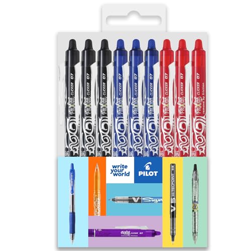 Pilot FriXion Clicker - Bolígrafo de fricción borrable fino, punta retráctil de 0,7 mm, grosor de trazo de 0,35 mm, paquete de 9 unidades, negro, azul y rojo