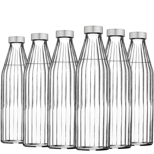 Image of SAND DUNE ClearColour Glass water bottle, 800 ml Each, Set of 6, with Leak-Proof Airtight Stainless-Steel Lid for Water, Smoothie, Juices - Reusable Travel Glass Drinking Fridge Bottles