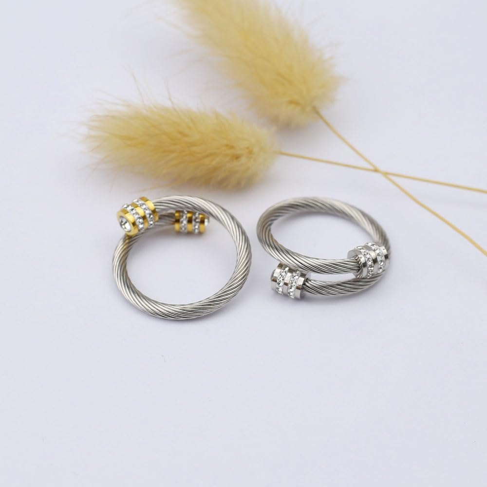 Twisted Cable Wire Rings for Women Stainless Steel Adjustable Ring Open Cuff Design Fits 70-90mm Fingers Cable Chain Cubic Zircon with Steel Balls - Image 6