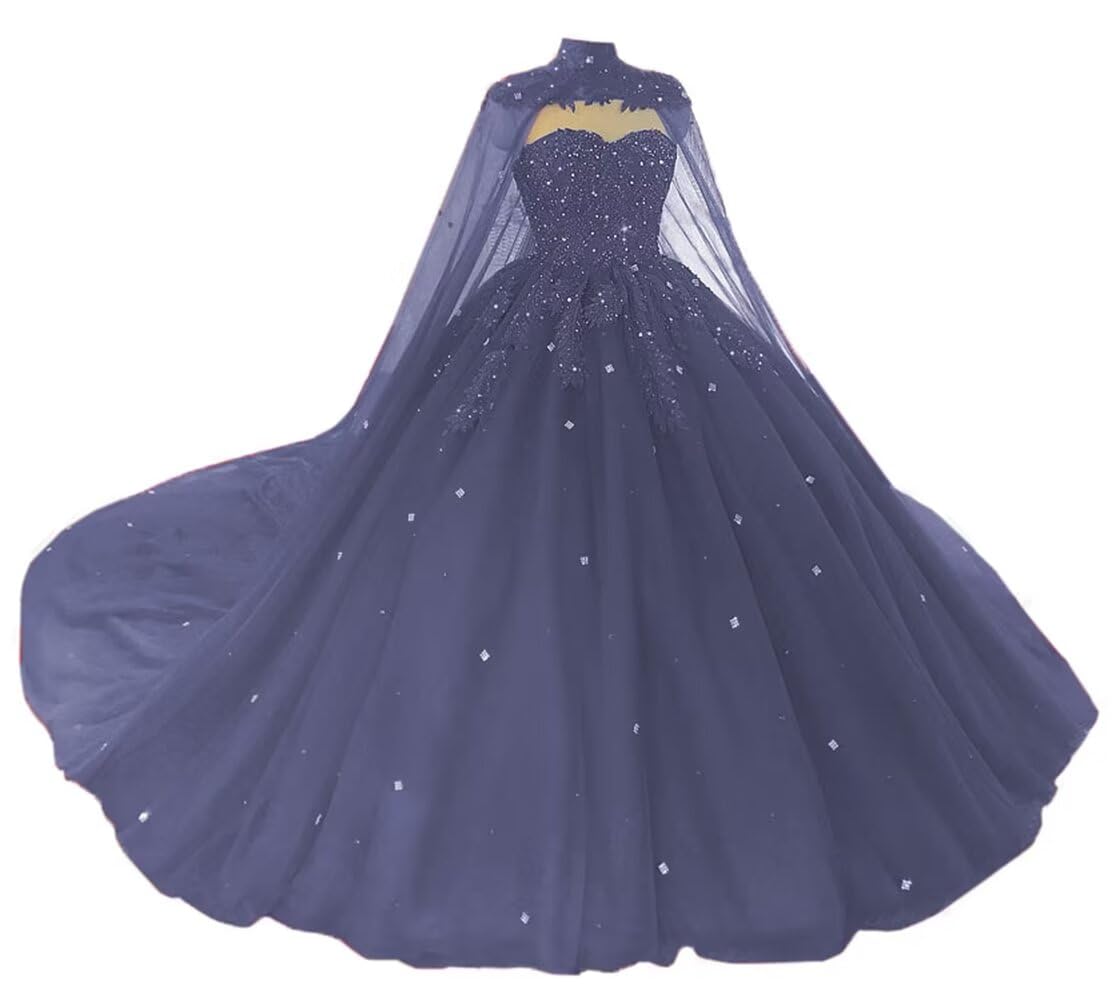 PFTFB Women's Puffy Tulle Quinceanera Dresses with Cape Lace Sequins Prom Dresses Sweetheart Beaded Ball Gown for Sweet 15 16