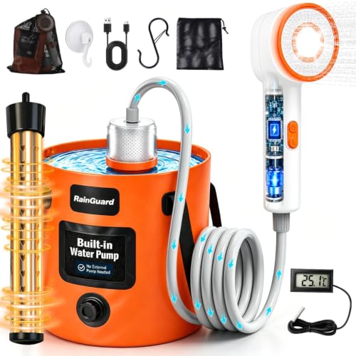 Portable Camping Shower Camping Shower Pump with Filter Shower Head with LED Light Immersion Heater Foldable Bucket Summer Beach Outdoor Camp Showering Hiking Pet Bath RV Car Wash Water Plant