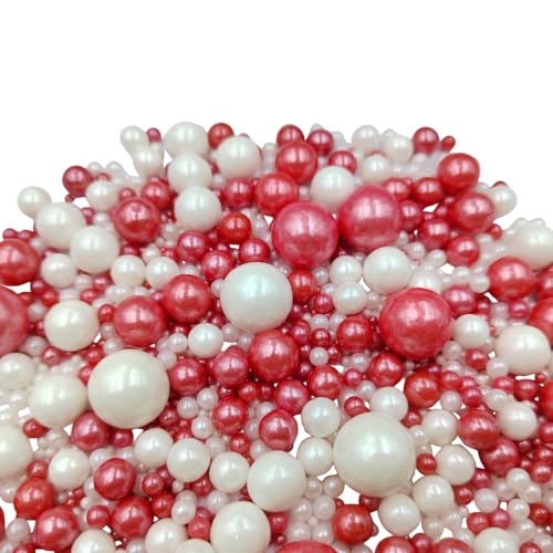 Image of Edible White Red Sugar Pearls Candy Sprinkles 120G / 4.23Ounce Baking Cake Sprinkles Cupcake and Cake Topper Cookie Decorations Wedding Party Valentines Halloween Christmas Supplies