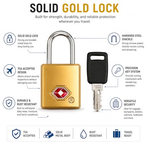 Image of QUIRA TSA Approved Travel Padlock with Key, Luggage Lock for Suitcase, Backpack, Locker & Travel Bags, Heavy Duty Security Lock