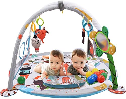 BATTOP Baby Gym PlayMats with Ball Pit,4-in-1 Tummy Time Activity Mat for Baby to Toddler,with Sensory Toys,Mirror,Head Rest,Cognitive Development Baby Play Center for Newborns,Infants (Grey)