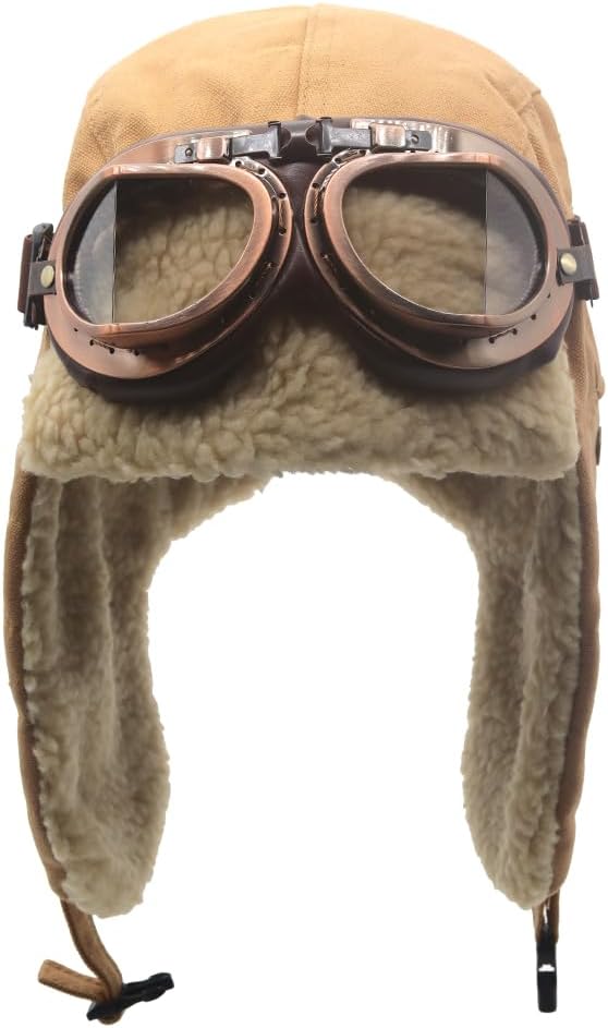 Cuhubyup Vintage Aviator Hat and Goggles Trooper Trapper Pilot Cap Fur Ear Flaps for Adult Men Women