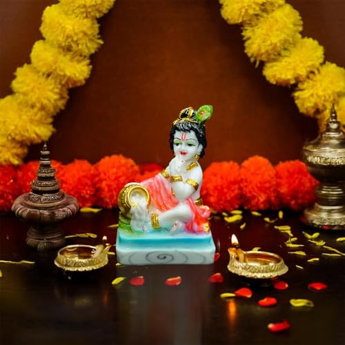 Image of Ekhasa Hand Painted Bal Gopal Murti (5 inch) | Marble Dust Laddu Gopal Murti for Puja | Resin Baby Krishna Idol for Home | Bal Krishna Idol | Colorful Sri Krishna Idols | Makan Chor Idol for Gift