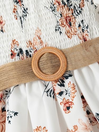 Girls' Summer Floral Dress Kids Belt A Line Puff Sleeve Square Neck Flowy Sun Dresses4