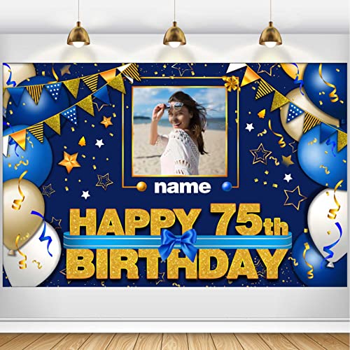 Custom Happy 75th Birthday Decorations Banner - 75 Years Old Birthday Decorations Backdrop for Women Men Boys Girls - Personalization Happy 75th Birthday Party Decorations Supplies - Navy Blue
