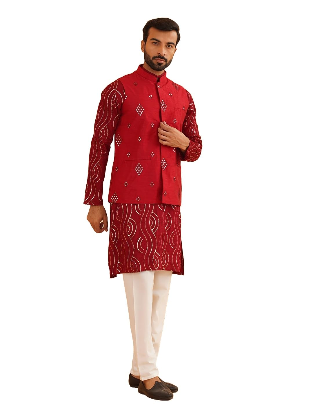 sojanya (Since 1958 Men's Pure Cotton Maroon Kurta and White Pyjama With Maroon Silk Nehru Jacket-picture-41