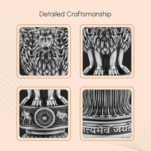 Image of Artarium Handcrafted Ashoka Ashok Pillar Idol Pillar Statue Showpiece for Car Dashboard Home Office Decor Table Showpiece Corporate Gifting (4 Inch, Silver)