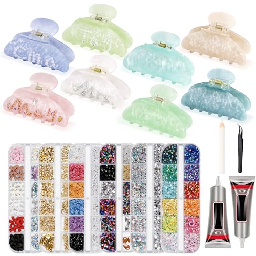 8 Sets DIY Hair Claw Clips Kit Acrylic Claw Clips with 6 Box Accessories & 4 Tools Custom Hair Clip Making Kit Resin Rhinestone Decor Claw Clip Set for Women Adults DIY Craft Night