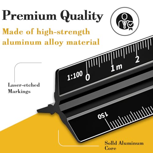 KEPYATI Maßstab Lineal, Aluminium, Dreieckig, Tragbare Ausgabe, 15Cm Lang, Metrische Skalen 1:20, 1:25, 1:50, 1:75, 1:100, 1:125, Für Architekten, Studenten, Zeichner Und Ingenieure, Schwarz