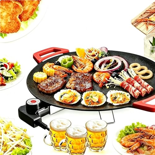 Electric Smokeless Grill, Non-Stick BBQ Griddle with Temperature Control, Round Cooking Surface with Red Handles, Indoor Barbecue Pan for Meat and Seafood (15.7)
