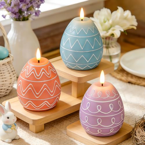 Lanpn 3 Stk Flammenlose Osterei Kerze Set LED mit Fernbedienung, Echte Wachskerzen in Eier Form, 3D Flackerflamme Oster Kerzen Dekoration für Frühling Zuhause, Pastellfarben, 7,5 x 12 cm