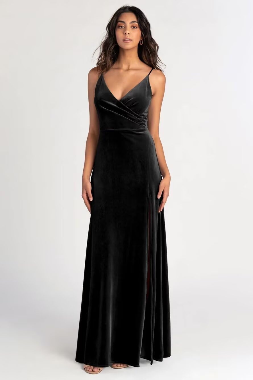 Velvet Bridesmaid Dresses Spaghetti Straps V Neck A Line Long Ruched Formal Evening Party Gown with Slit