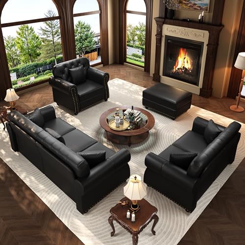 Image of KEIKI 3-Piece Chesterfield Sofa Set with 1 Faux Leather 3-Seater Sofa & 1 Loveseat & 1 Single Sofa, 6-Seater Couch Set with Nailhead Trim & Rolled Arms & 1 Ottoman & 6 Pillow, for Living Room, Black