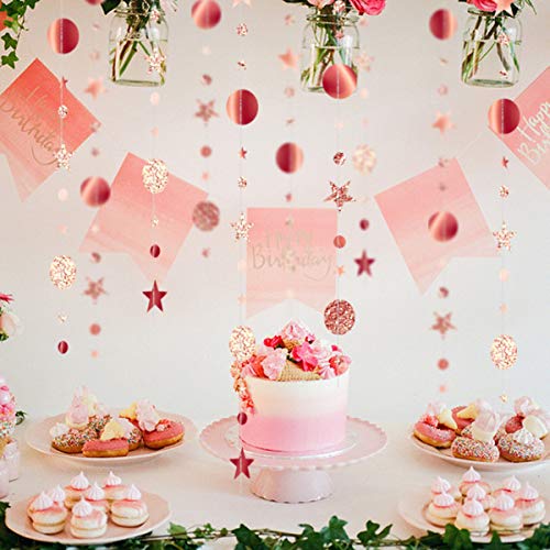 Image of Rose Gold Party Decoration Rose Gold Star Circle Dot Hanging Garland Hanging Streamer Decorations Glitter Star Bunting Banner Backdrop for Wedding Anniversary Baby Shower Birthday Christmas