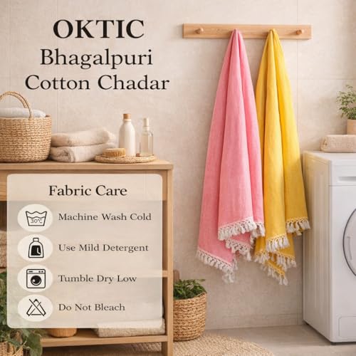 Image of OKTIC Bhagalpuri Dull Chadar Combo Pack Set of 2, Odhne Wali Top Sheet | Pure Cotton & Breathable Handloom Chadar Material, Tussle Border, Solid Single 230 x 130 cm (Peach Yellow)