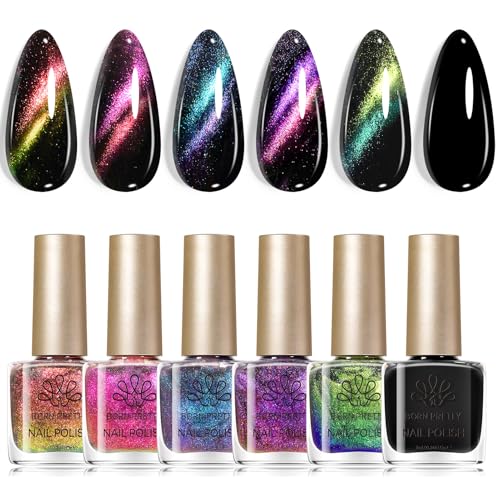 Juego de esmalte de uñas Born Pretty, secado rápido, colores galaxia rojo, rosa, azul, lila, verde y negro brillante con purpurina - 6 colores de esmalte sin lámpara UV