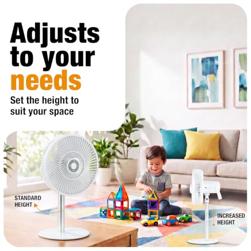 Image of Lumo Rechargeable Table Fan for Home | Portable Battery Fan with 6000 mAh Battery | 4 Speed Modes, 180 Rotation, Adjustable Height | Magnetic Remote & LED Light, Type-C Charging | White