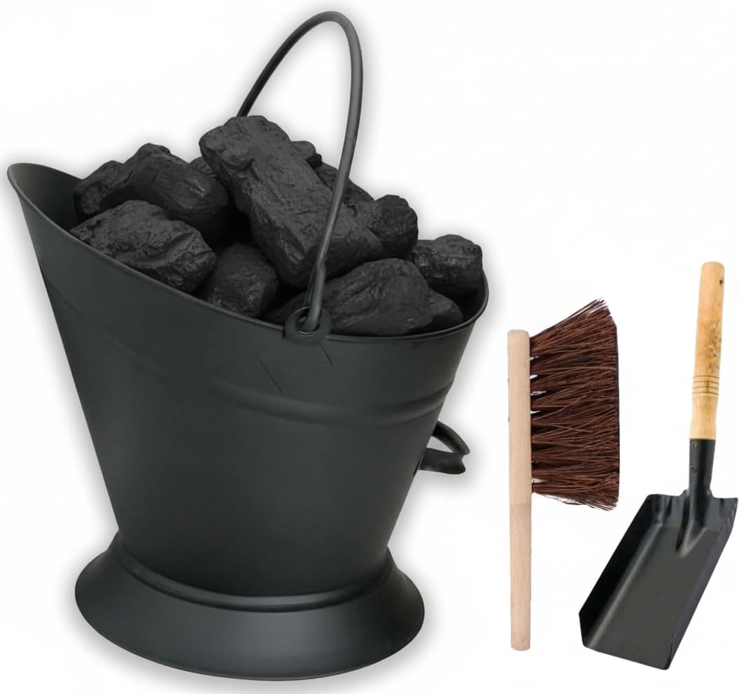 Almineez Black Vintage Style Large Fireside Waterloo Coal Bucket With Shovel & Brush - Scuttle Hod Coal Fire Wood Burner, Coal Bucket Wood Log Holder Coal Scuttle Kindling Bbq Barbecue Firepit