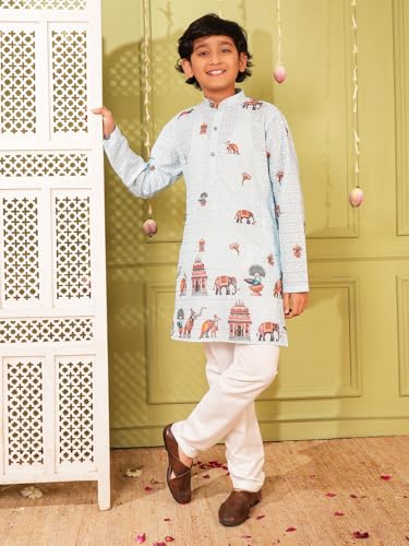Image of AJ DEZINES Kurta Pajama For Kids Boys | Cotton Printed Chikankari Kurta Pyjama Set For Boys | Traditional & Festive Outfit | Party & Ethnic Wear | Stylish Kids Kurta Set
