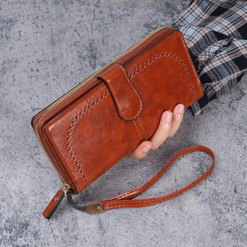 Women's oil wax leather wallet/coin wallet Multi-function mobile phone bag multi-card bag, Pink, 204