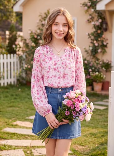 Image of blibean Girls Flower Bell Long Sleeve Blouse Fall Floral Shirts 4-15 Years
