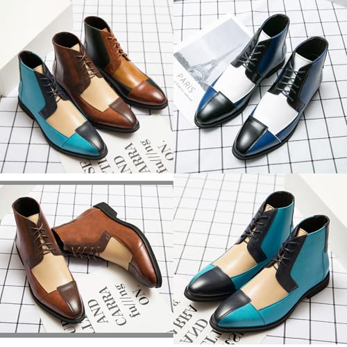 Men's Leather High Top Dress Ankle Boots,Vintage Colorblock Cap Toe Non-Slip Lace-Up Oxford Business Casual Bootie3